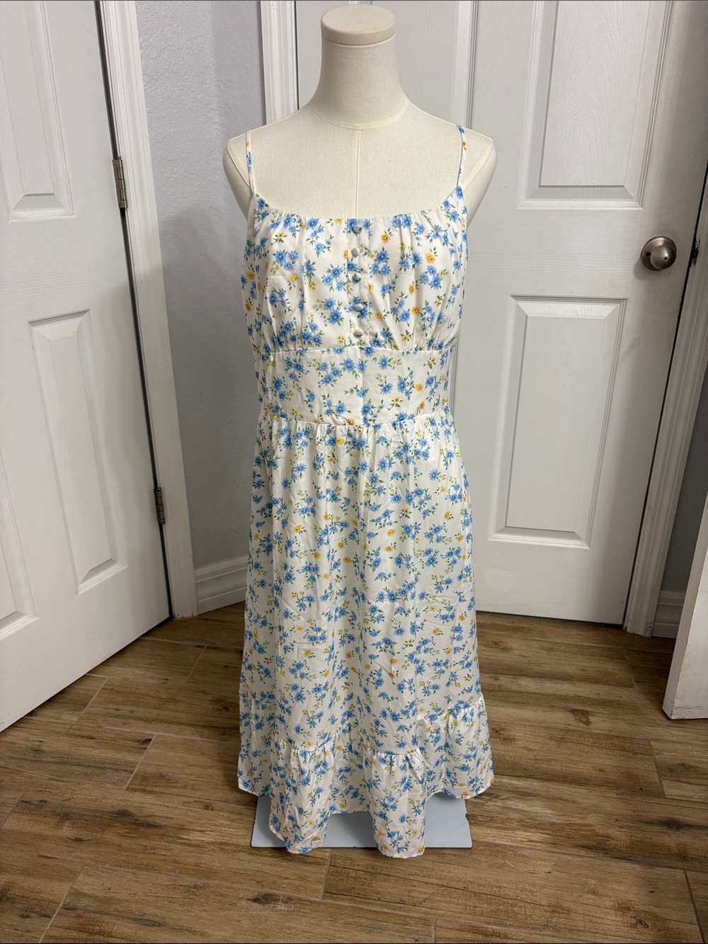 White Floral Spaghetti Strap Midi Dress with Blue and Yellow Flowers